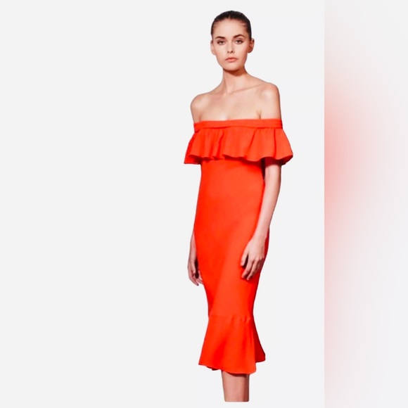 $550 VERONICA BEARD MADE IN USA Dress Sz 12 OLETA Off The Shoulder Ruffled Midi - Picture 1 of 16